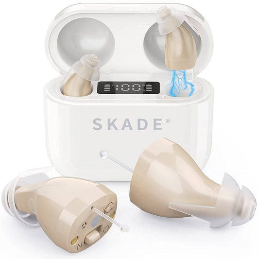 SKADE Hearing Aids for Seniors Rechargeable with Noise Cancelling, Nano 8-Channel Digital Hearing Amplifier, LED Display with One Week Backup Power, PSAP Personal Sound Amplification(Beige)