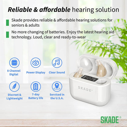 SKADE Hearing Aids for Seniors Rechargeable with Noise Cancelling, Nano 8-Channel Digital Hearing Amplifier, LED Display with One Week Backup Power, PSAP Personal Sound Amplification(Beige)